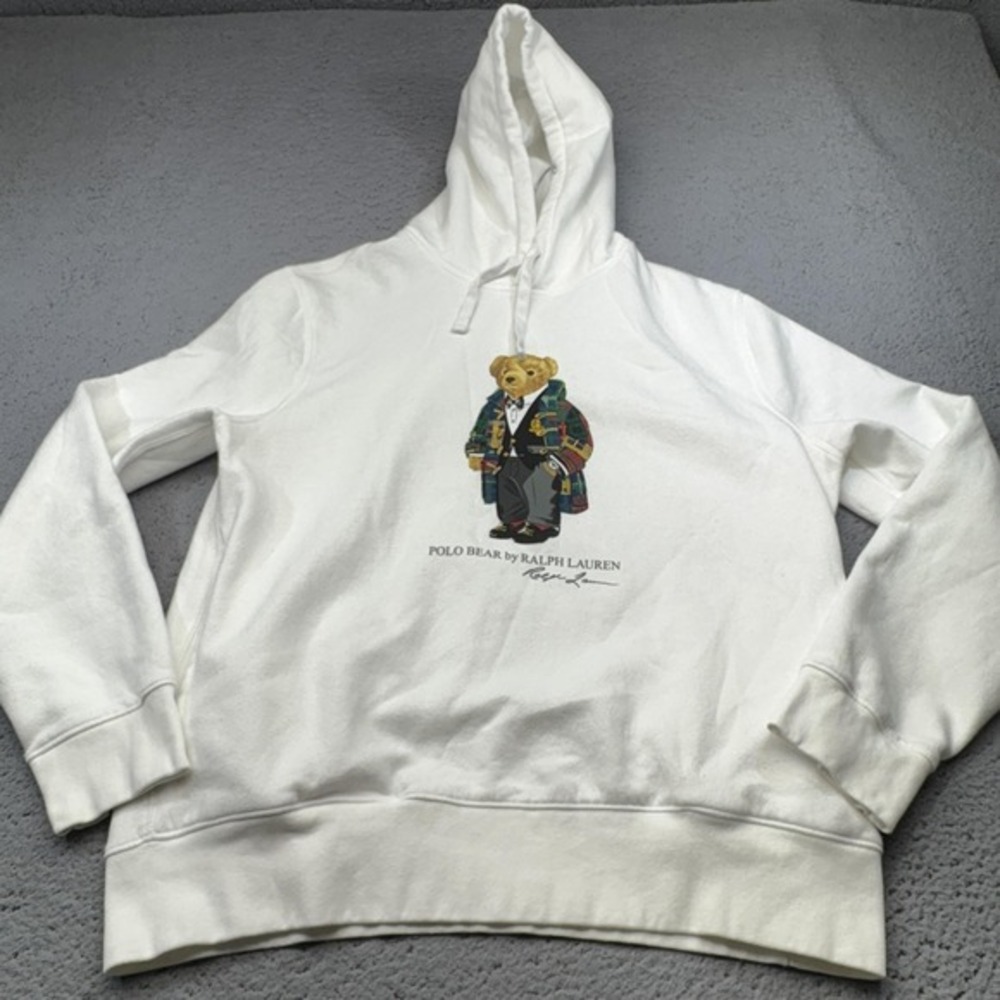 Polo Ralph Lauren Hoodie Mens Large White Pullover Preppy Bear Robe Academic